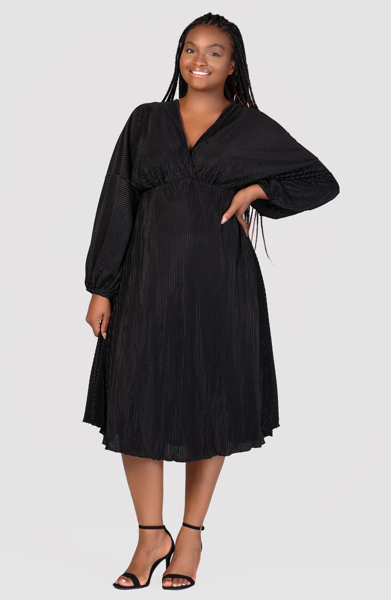 24seven Comfort Apparel Pleat Long Sleeve Fit & Flare Dress, Alternate, color, Black