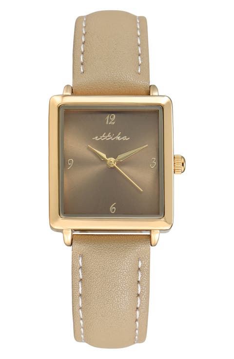 Square Case Leather Strap Watch