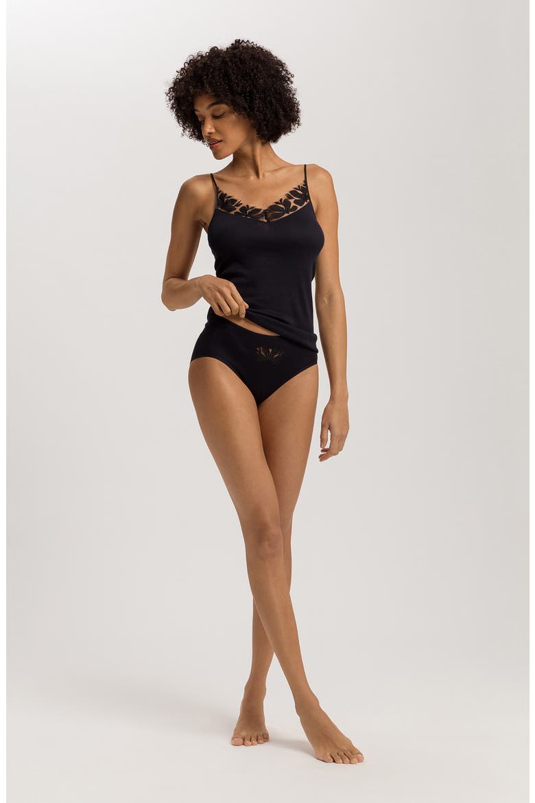 Kalea Embroidered Trim Cotton Camisole, Alternate, color, BLACK