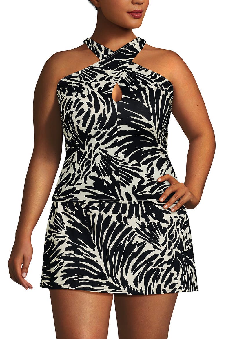 Criss Cross Halter Tankini Swimsuit Top, Alternate, color, Black/Egret White Leaf Scroll
