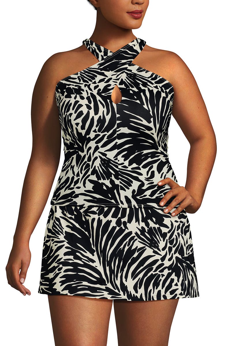 Lands' End Plus Size Criss Cross Halter Tankini Top, Alternate, color, Black/Egret White Leaf Scroll