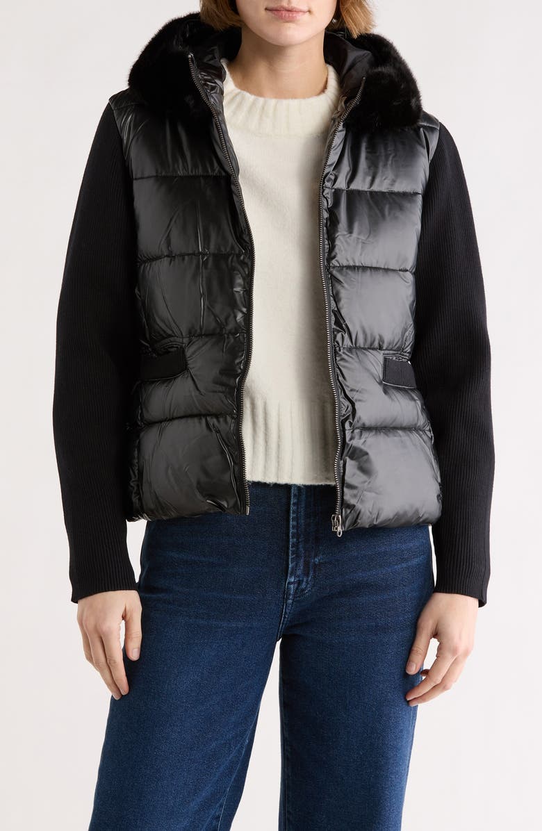 La Fiorentina Faux Fur Trim Hooded Puffer Jacket, Alternate, color, Black