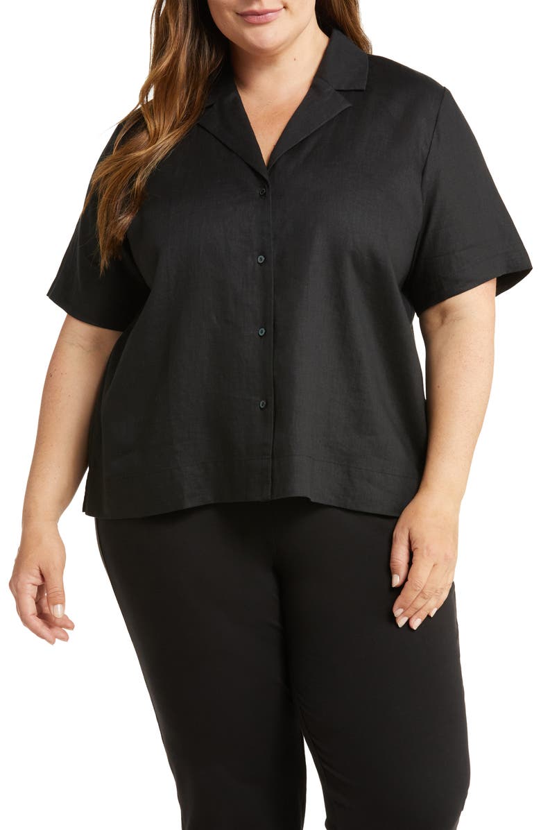 Eileen Fisher Notch Collar Short Sleeve Boxy Linen Button-Up Shirt, Main, color, 