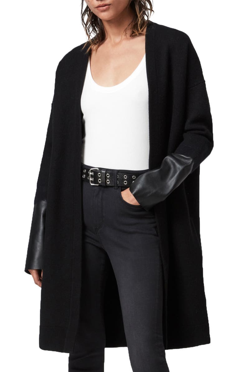 AllSaints Essy Leather Cuff Wool Cardigan, Main, color,