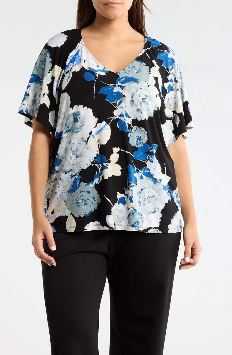 AK ANNE KLEIN Floral V-Neck Top, Main, color, Anne Black Multi