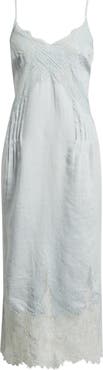 AllSaints Samia Pintuck Lace Trim Linen Slip Dress