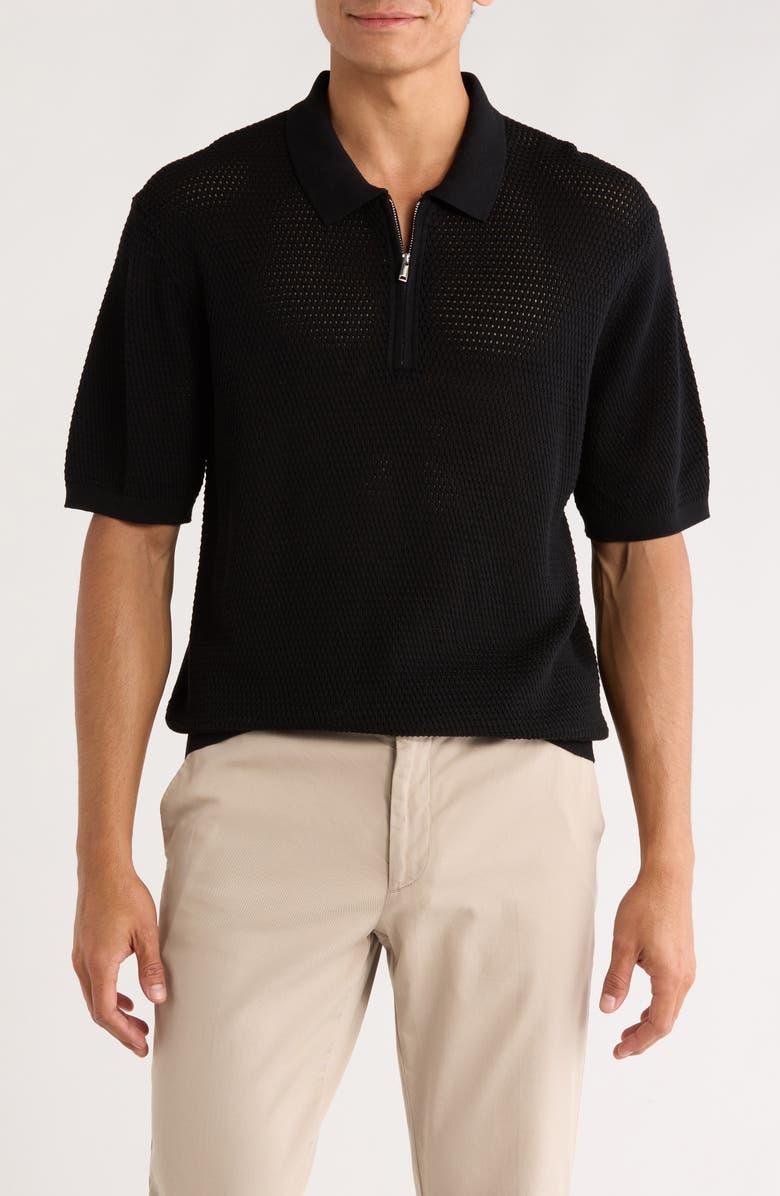 Elie Tahari Textured Quarter Zip Polo, Main, color, Black