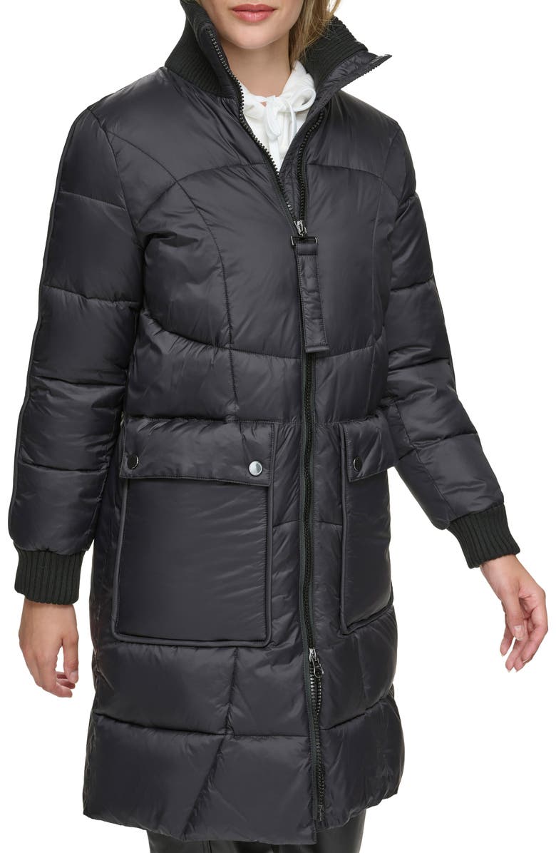 Andrew Marc Ribbed Collar Long Puffer Jacket, Alternate, color, Black