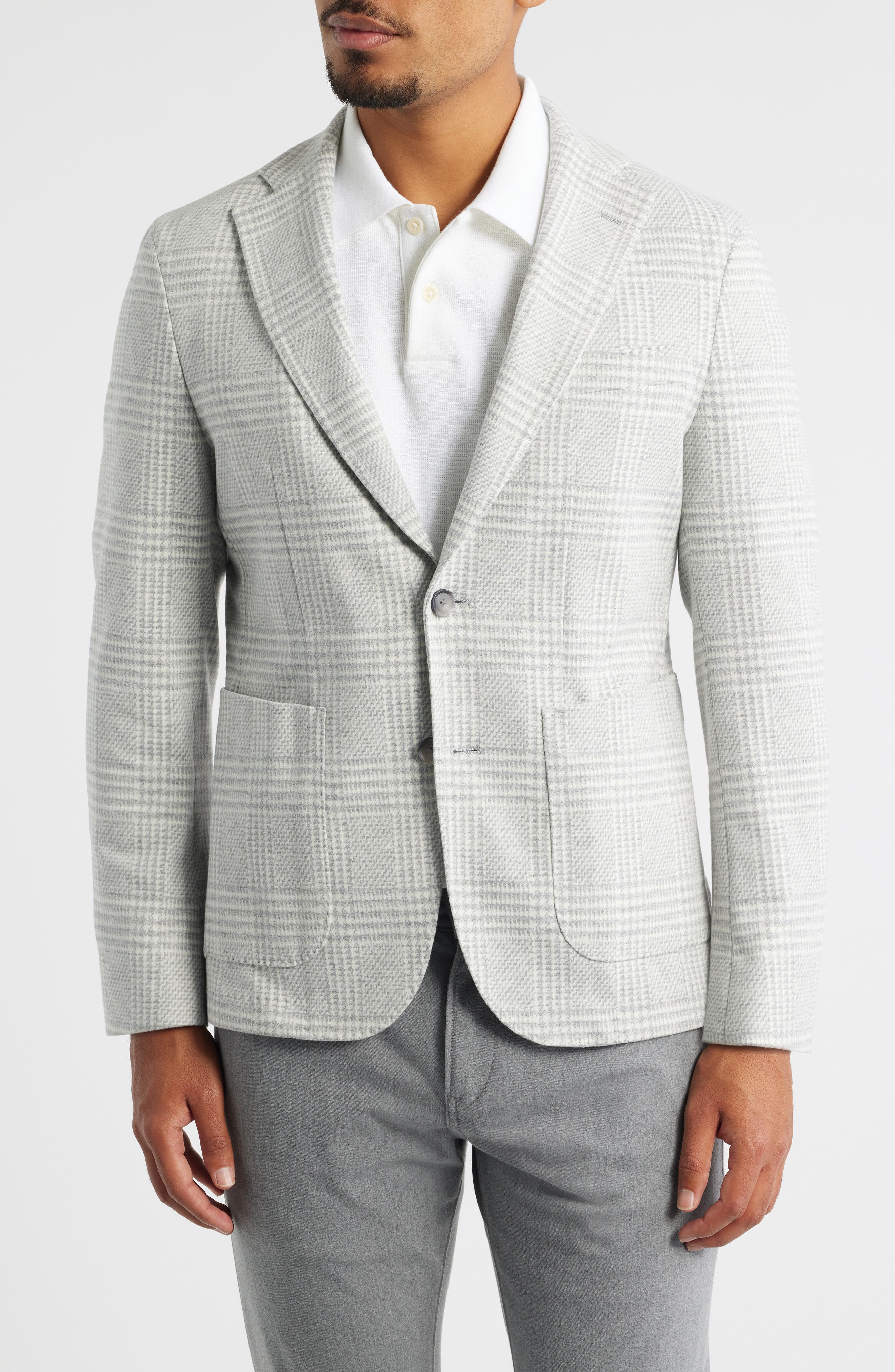 BOSS Hanry Slim Fit Light Grey Glen Check Knit Sport Coat