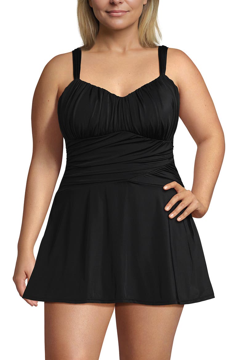 Slender Lite Sweetheart Shirred Swim Dress, Alternate, color, Black