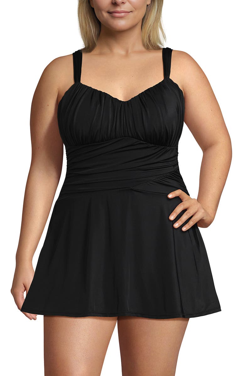 Lands' End Plus Size Slender Lite Sweetheart Shirred Swim Dress, Alternate, color, Black