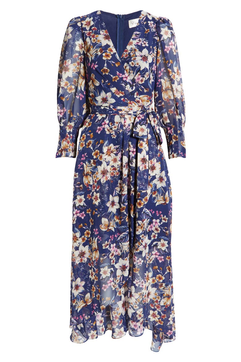 Floral Print High-Low Faux Wrap Dress, Alternate, color, NAVY