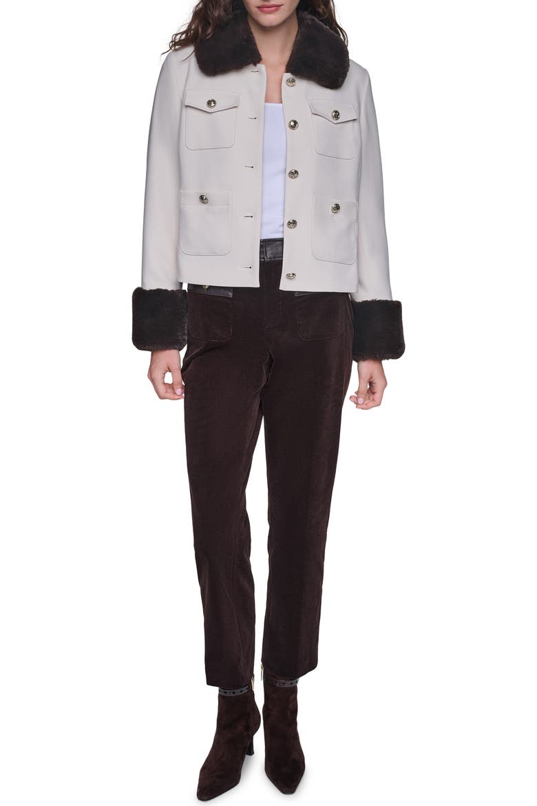 Faux Fur Trim Short Jacket, Alternate, color, BIRCH/ CHOCOLATE