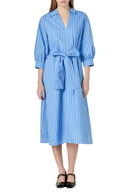 Stripe Blouson Sleeve Cotton Midi Shirtdress