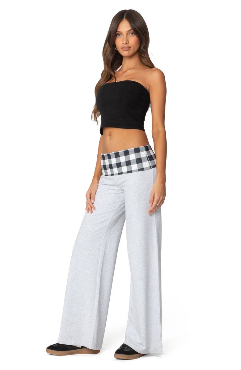 EDIKTED Beth Plaid Wide Leg Foldover Pants, Alternate, color, Light-Gray