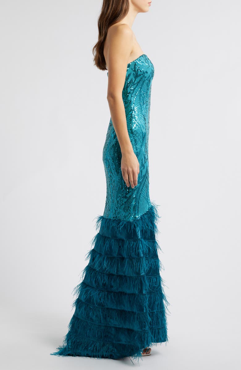 bebe Sequin Feather Trim Strapless Gown, Alternate, color, Teal