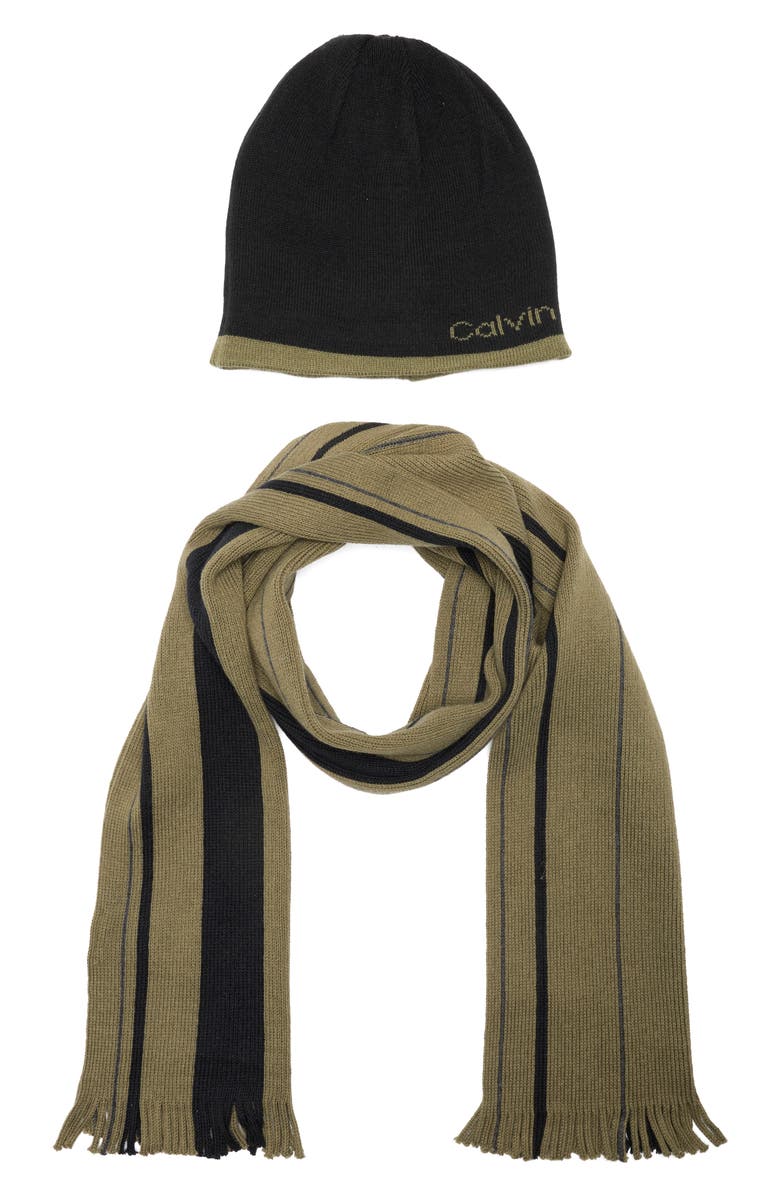 Calvin Klein Logo Beanie & Scarf Set, Alternate, color, Pine