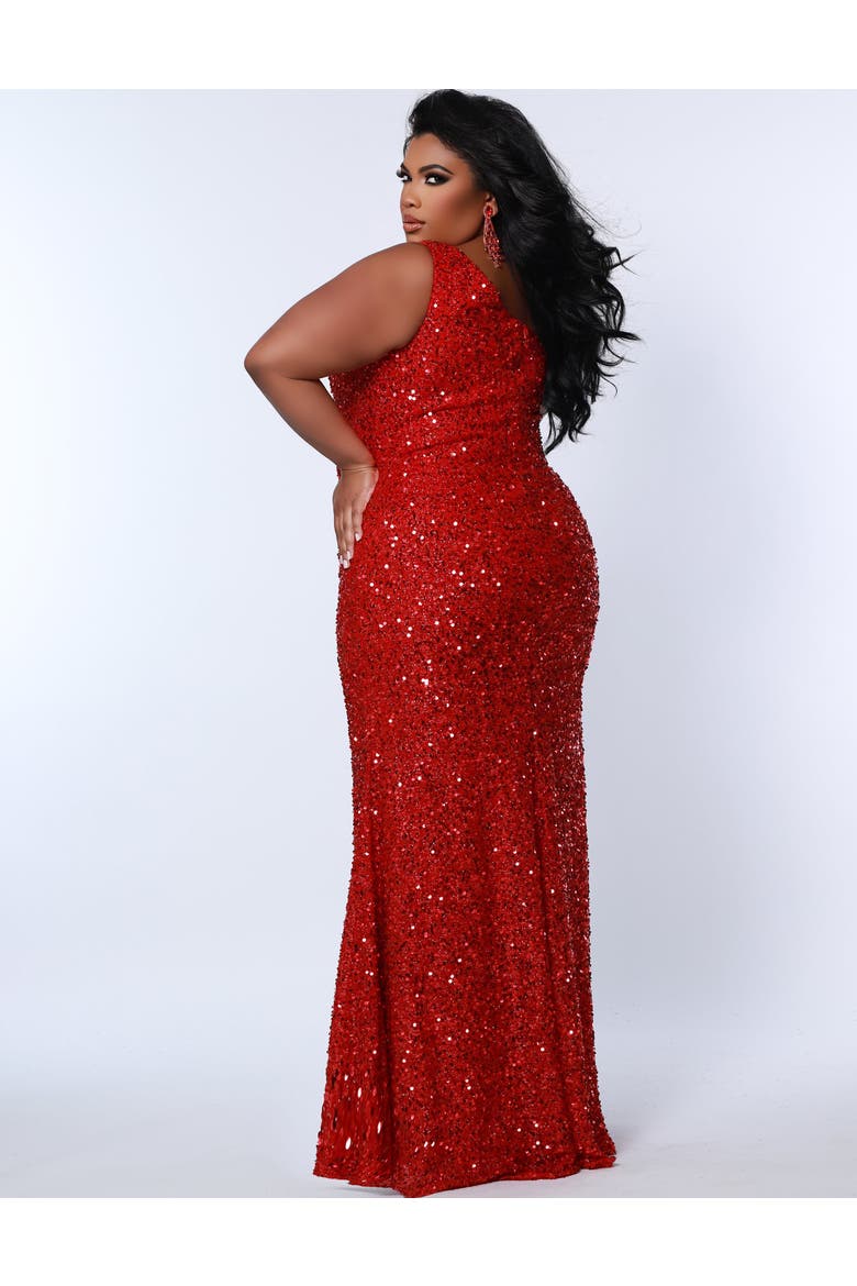 One-Shoulder Sequin Plus Size Evening Gown, Alternate, color, Ruby