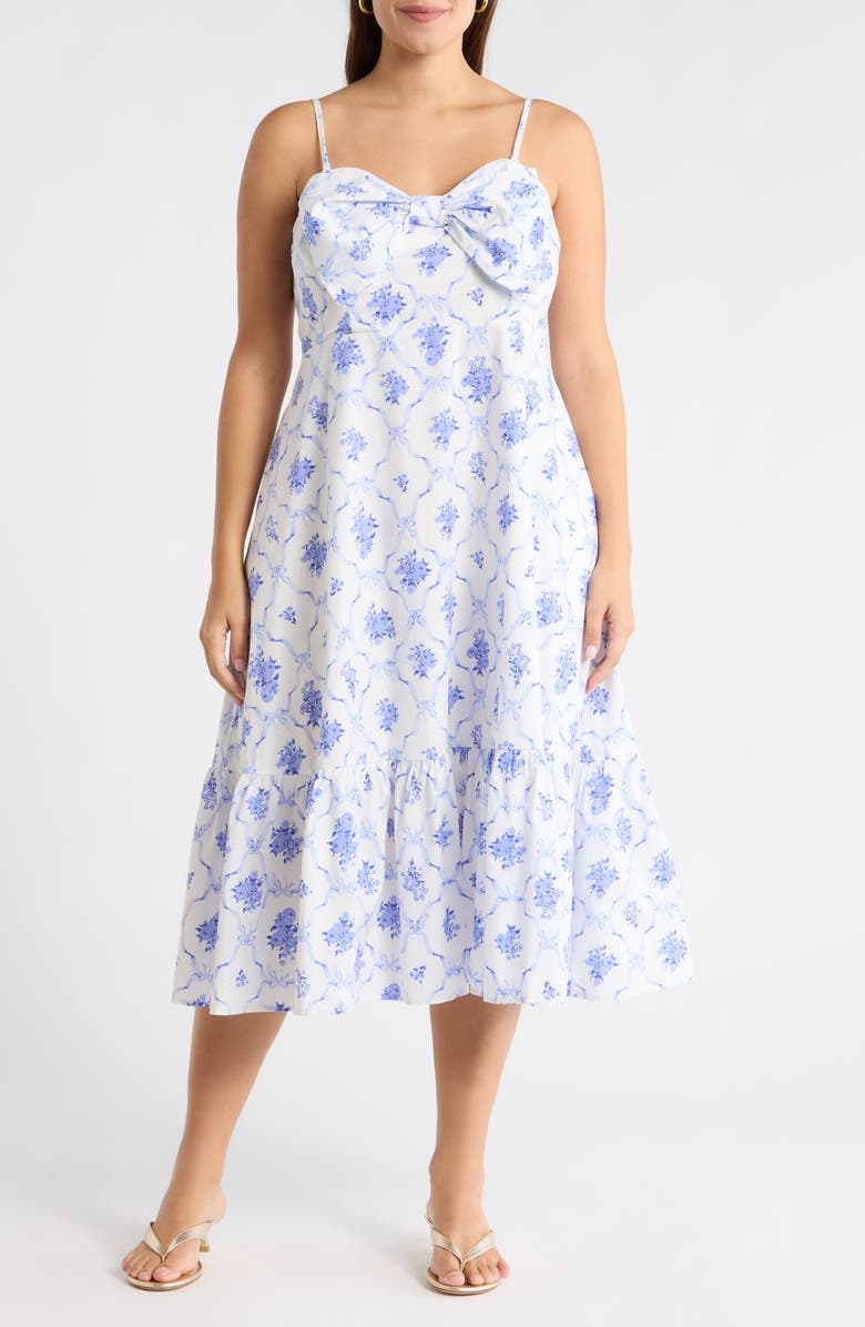 SUGARLIPS Nia Floral Perline Bow Midi Sundress, Alternate, color, White-Blue