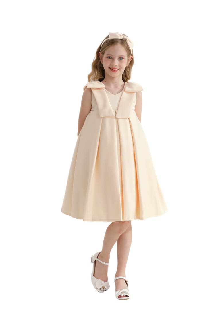 Palermo Satin Bow Pleated Dress, Alternate, color, Champagne