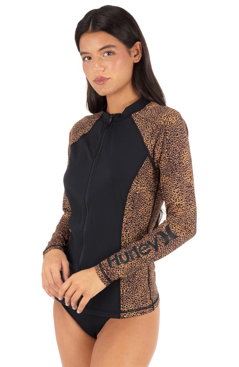 Hurley Soft Spot Zip Front Long Sleeve Rashguard One-Piece Swimsuit, Alternate, color, Mole
