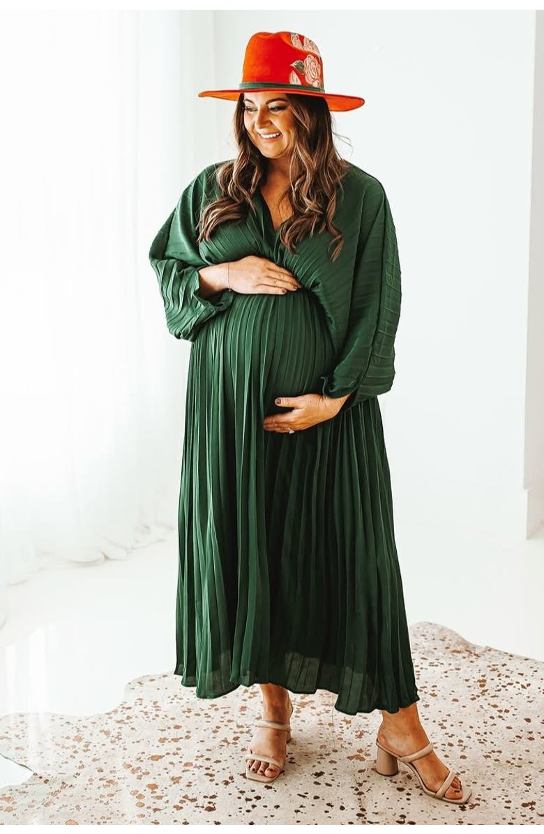 PinkBlush Satin Pleated V-Neck Maternity Maxi Dress, Alternate, color, Forest Green