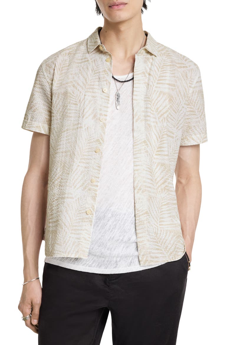 Loren Short Sleeve Cotton Seersucker Button-Up Shirt, Main, color, TERRA BROWN