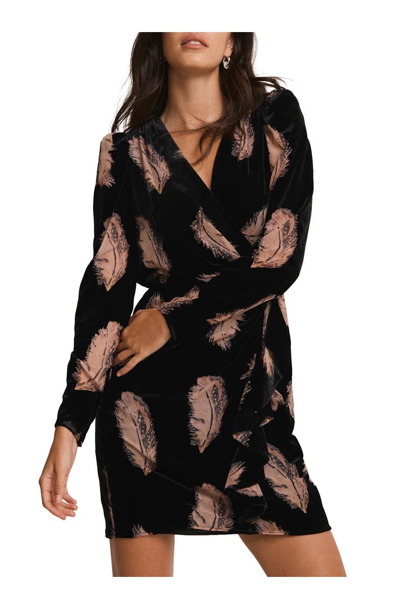 MINT VELVET Velvet Feather Print Mini Dress, Main, color, Black