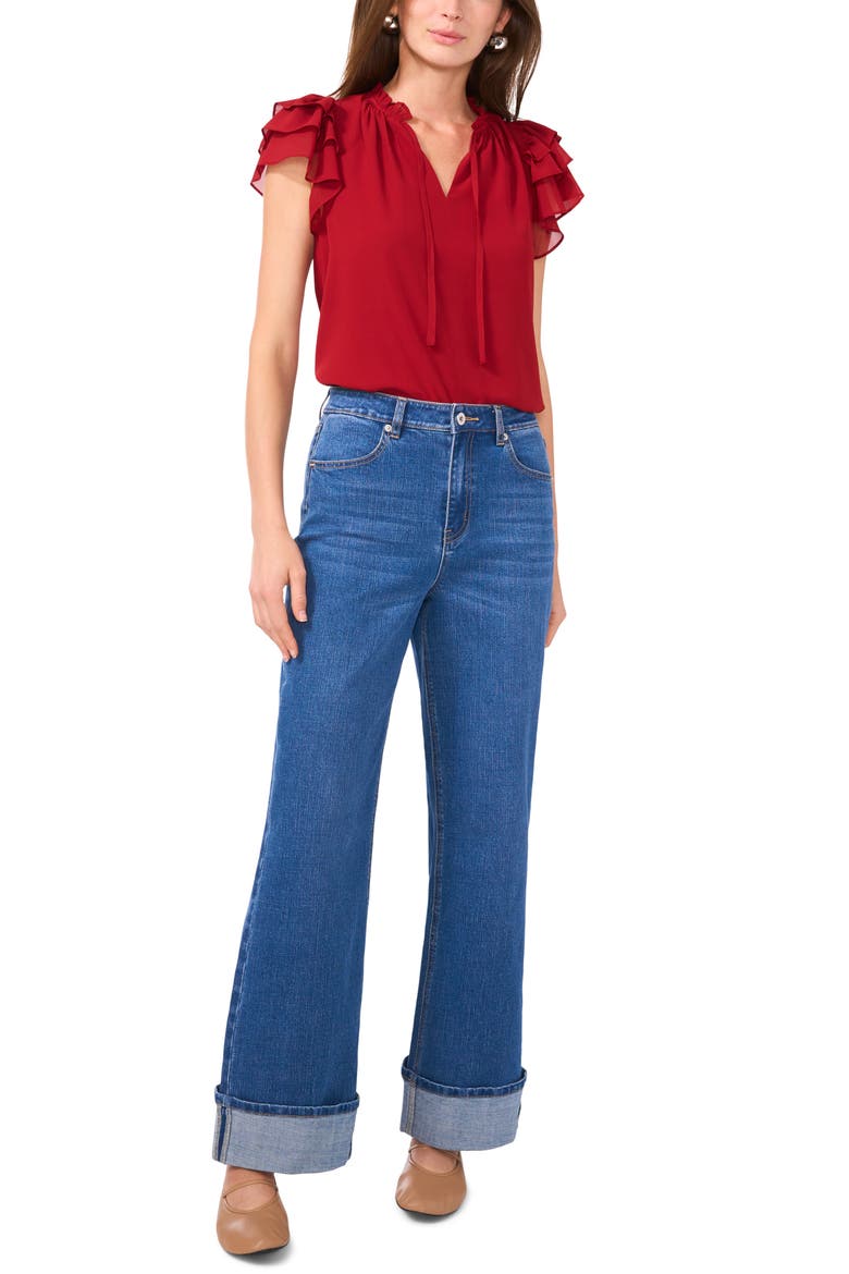 Ruffle Flutter Sleeve Top, Alternate, color, RED DAHLIA