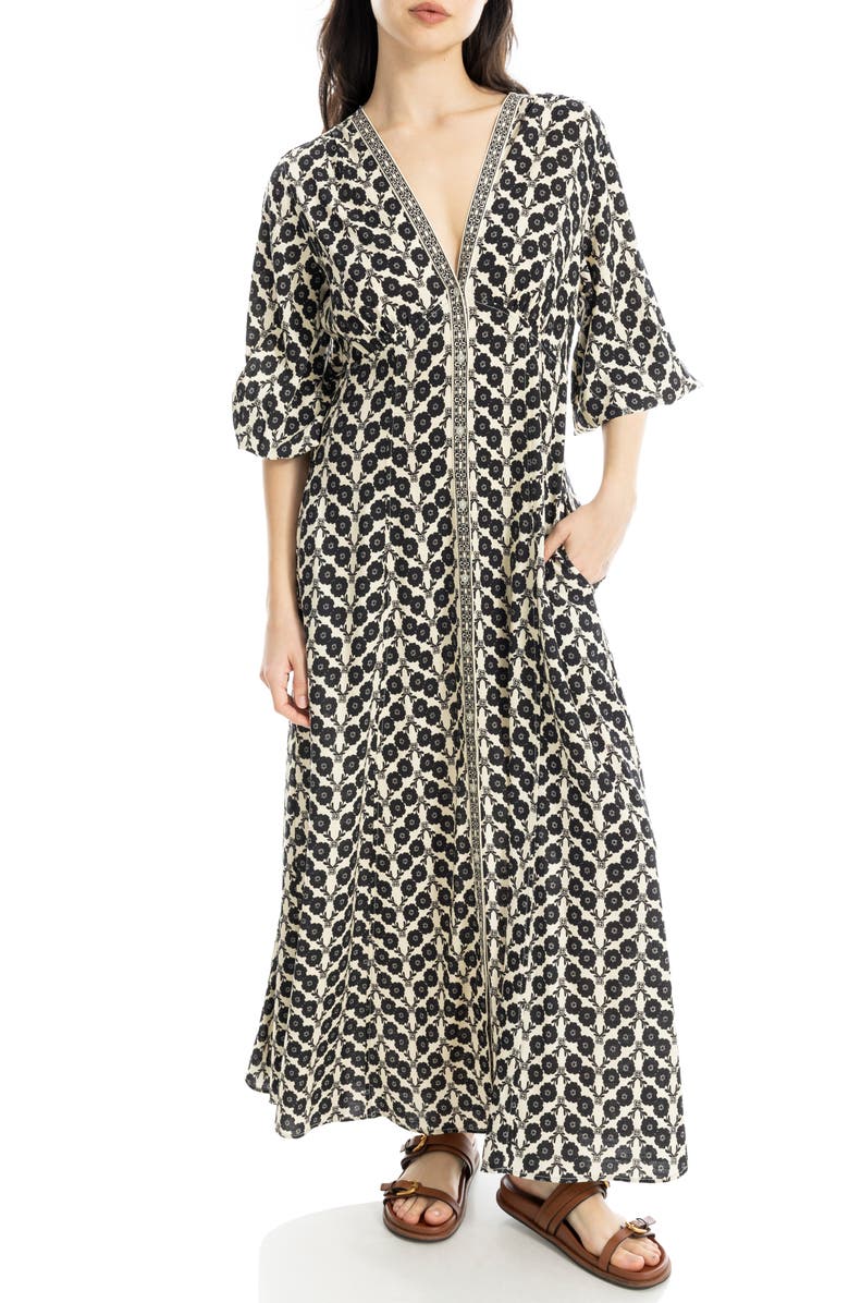 MAX STUDIO Three-Quarter Sleeve Maxi Dress, Alternate, color, Cream/ Black Linum Floral