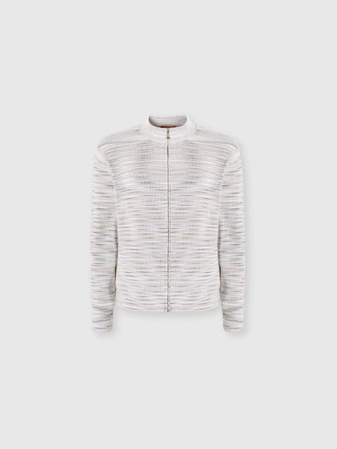 Ribbed Cotton Cardigan With Mock Neck And Space-dye Texture
