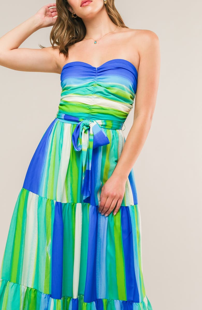 FLYING TOMATO Print Strapless Midi Dress, Alternate, color, Green Blue