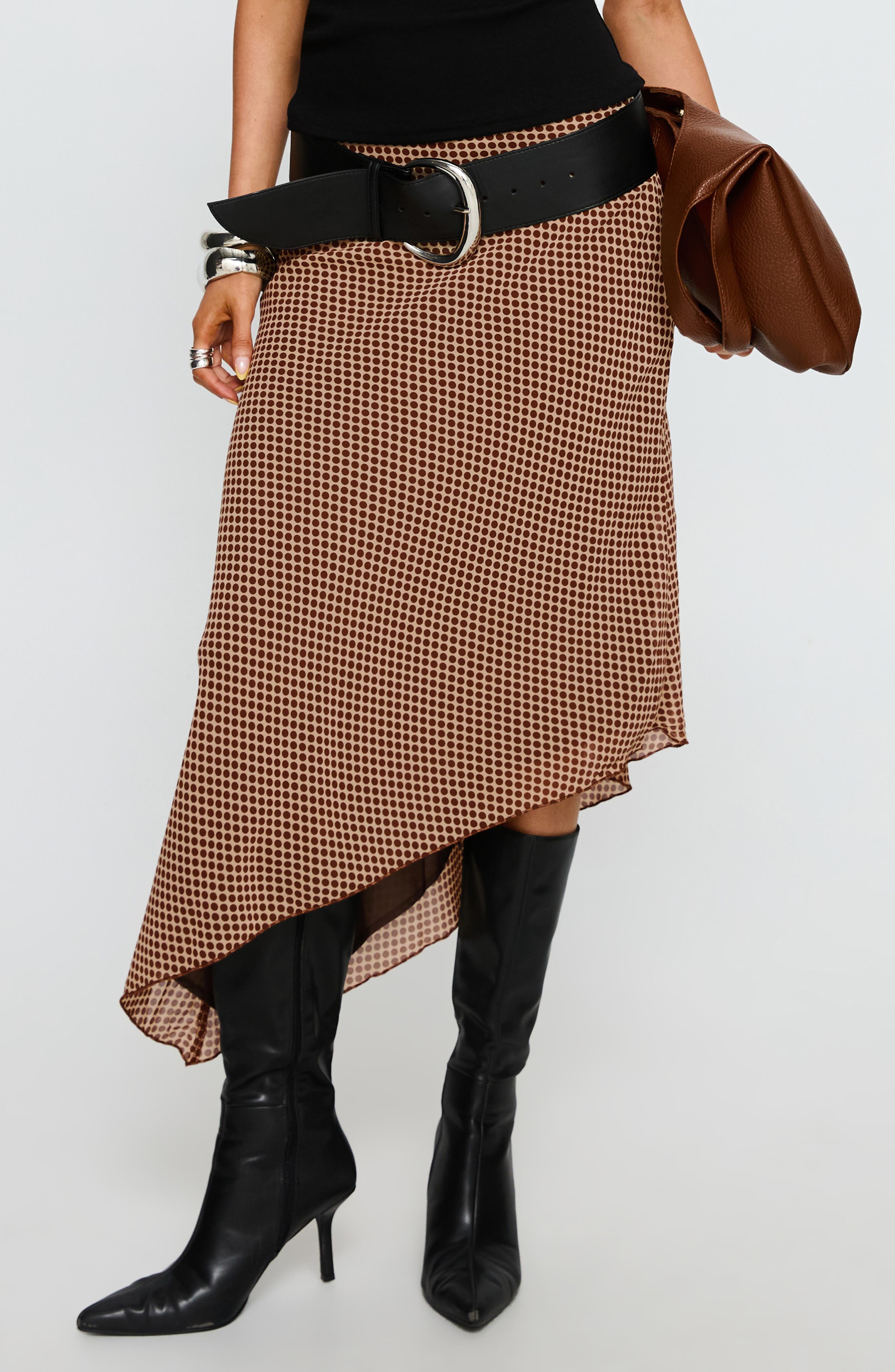 Princess Polly Suella Polka Dot Asymmetric Midi Skirt