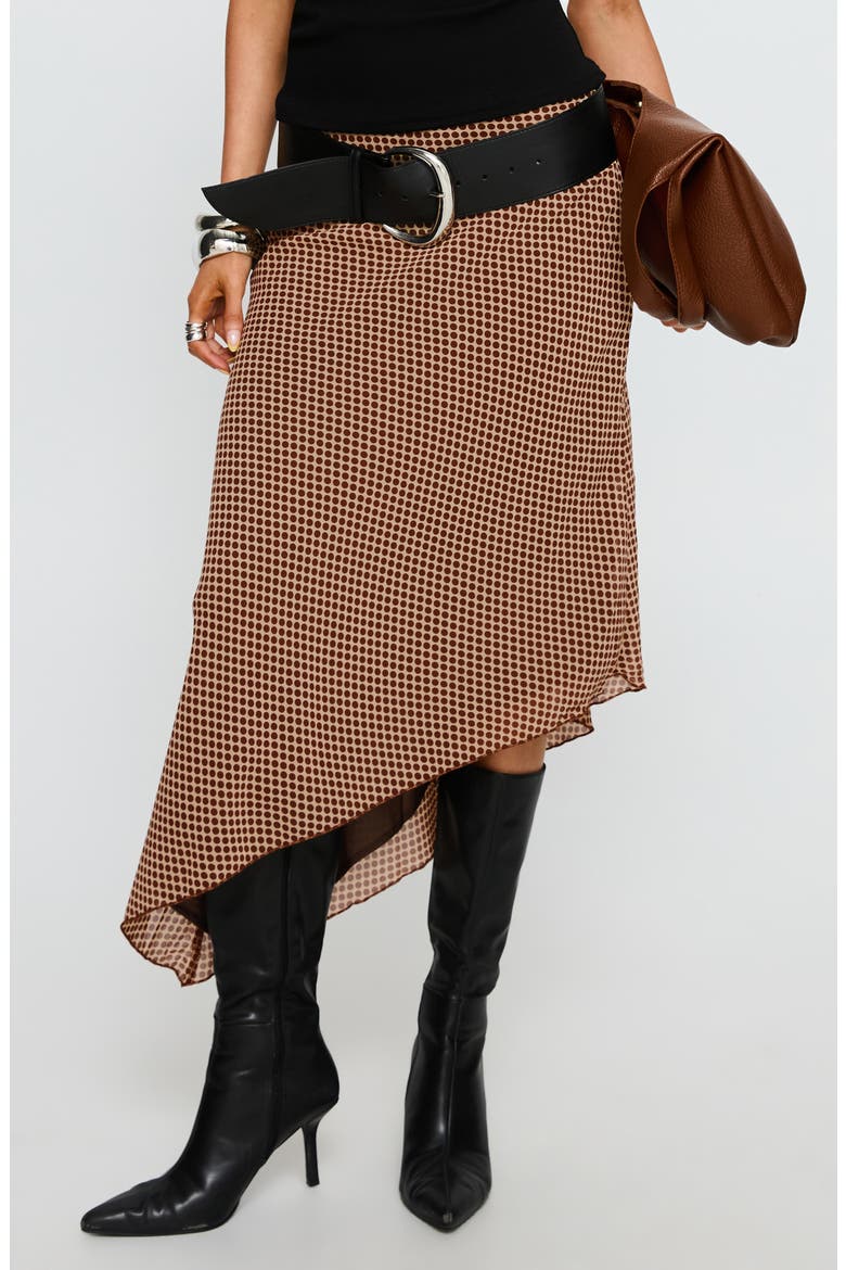 Suella Polka Dot Asymmetric Midi Skirt, Main, color, BROWN POLKA DOT
