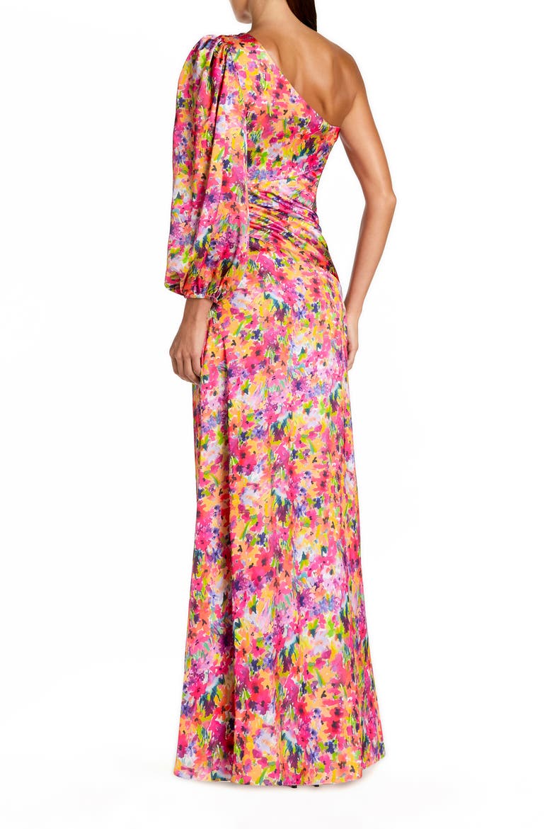 Floral One-Sleeve Charmeuse Gown with Slit, Alternate, color, Multi
