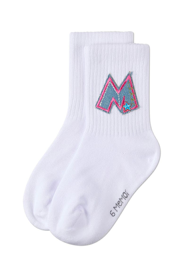 Ribbed Crew Socks with Embroidered Denim "M" Patch, Alternate, color, White