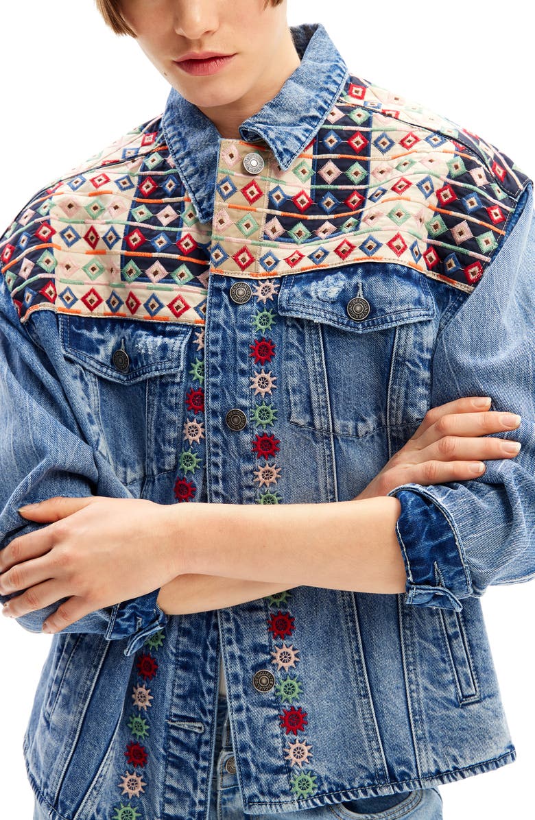 Desigual Embroidered Denim Trucker Jacket, Alternate, color, 