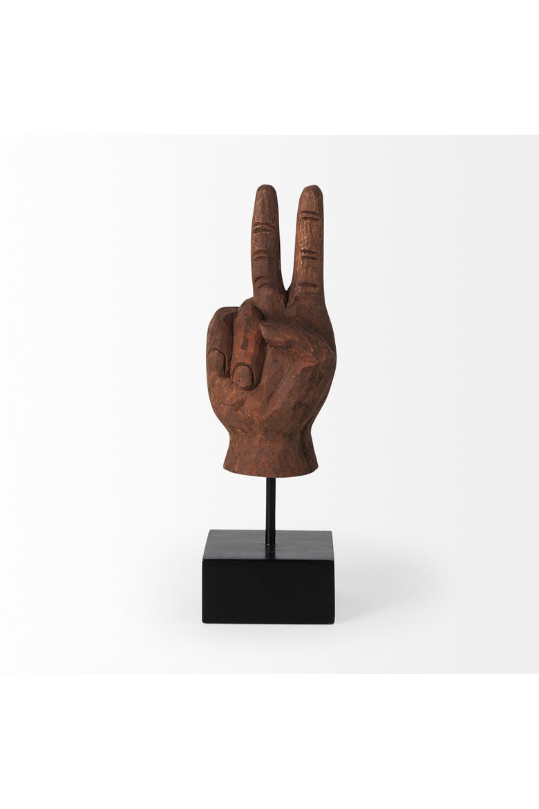 Pacem 4L x 4W Natural Wooden Carved Peace Sign Hand, Alternate, color, Brown