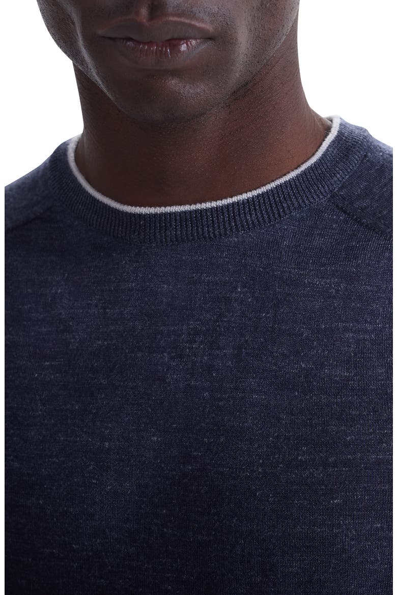 Tipped Merino Wool, Silk & Linen Crewneck Sweater, Alternate, color, NAVY