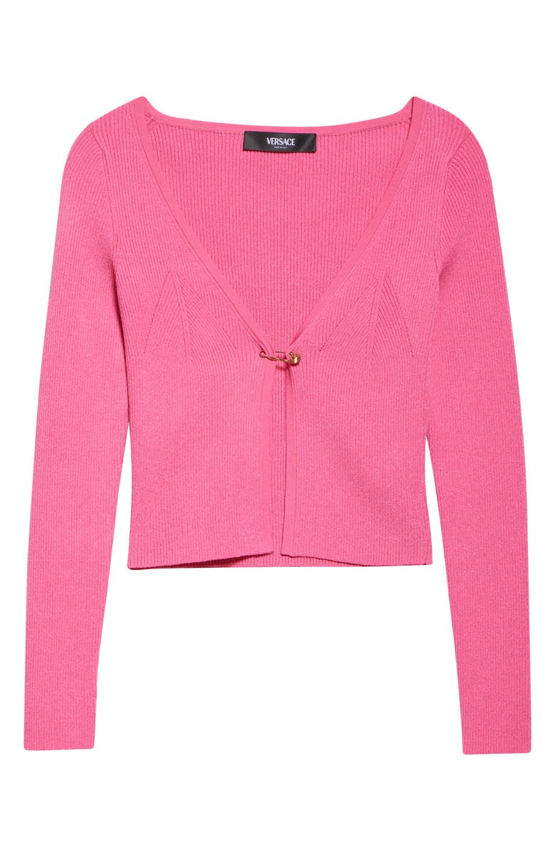 Versace Safety Pin Rib Cardigan, Alternate, color, Dragon Fruit