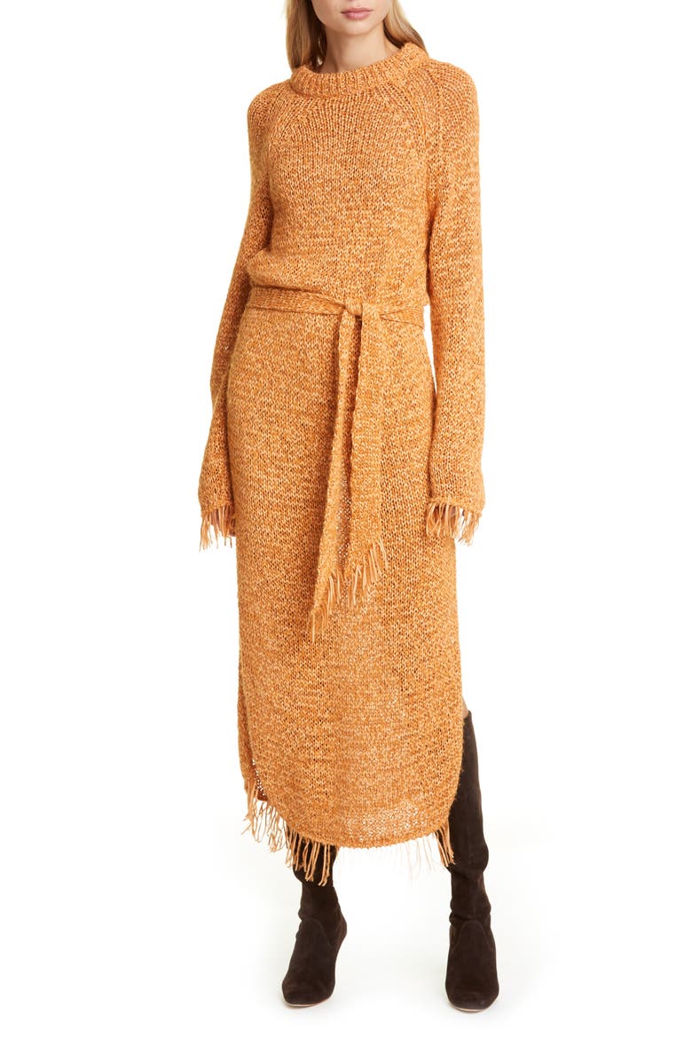 Kaiza Belted Long Sleeve Fringe Sweater Dress, Main, color, ORANGE