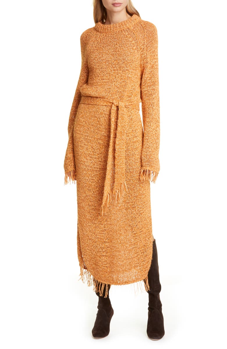Nanushka Kaiza Belted Long Sleeve Fringe Sweater Dress, Main, color,