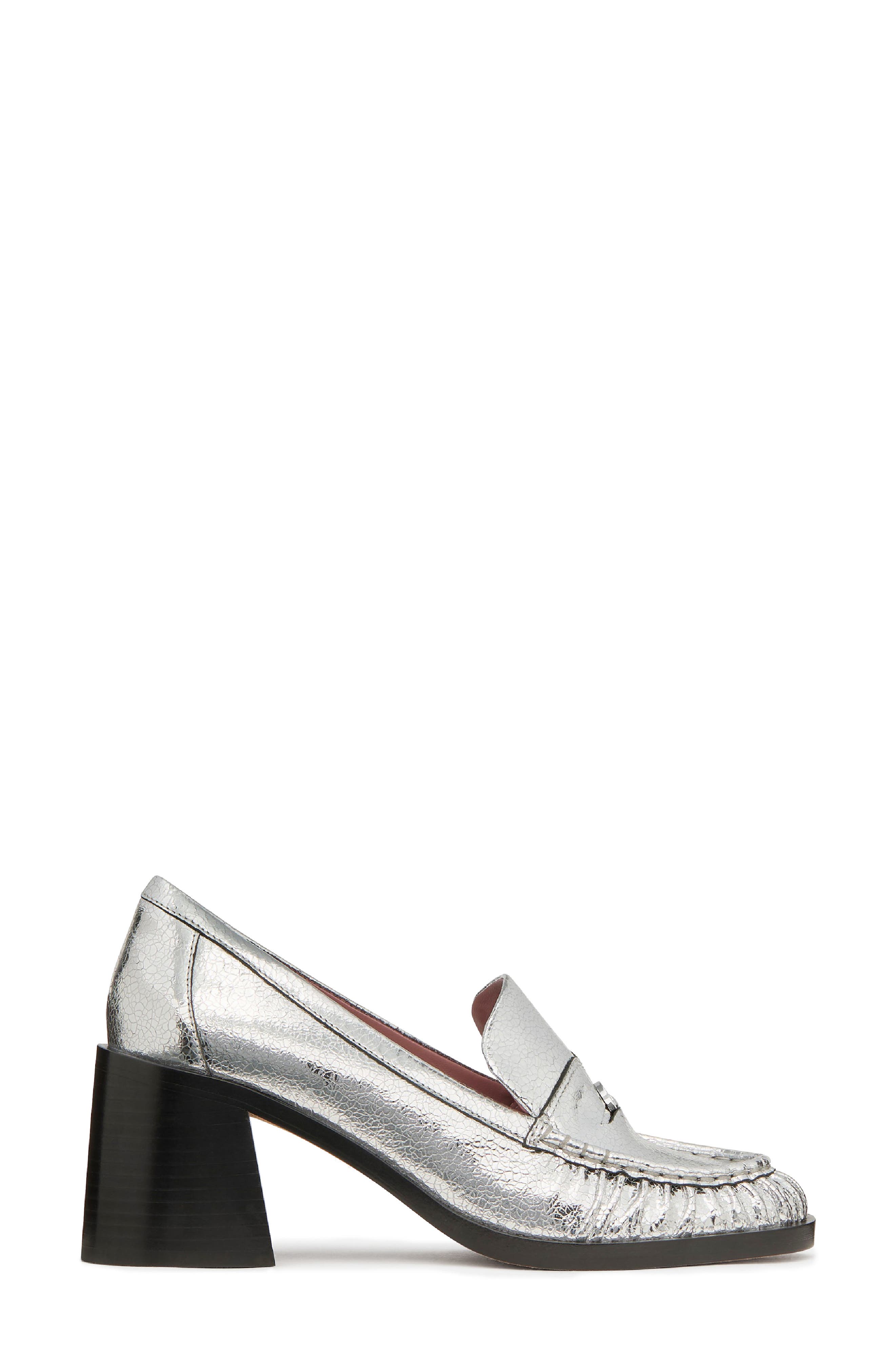 metallic leather penny loafer pump, Alternate, color, SILVER
