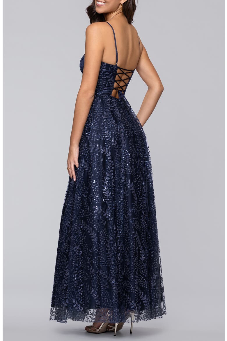Sequin & Mesh Gown, Alternate, color, NAVY