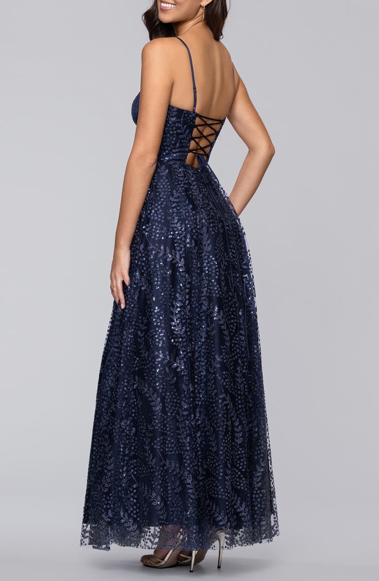 Blondie Nites Sequin & Mesh Gown, Alternate, color, Navy