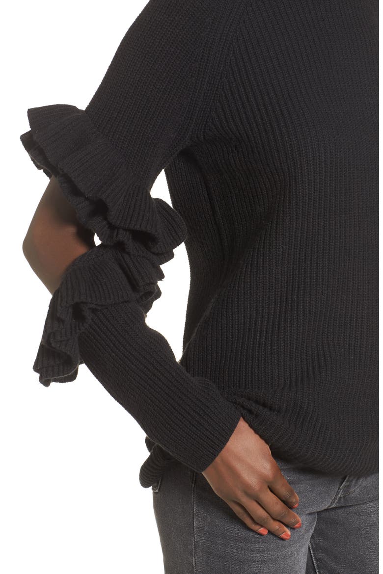 Elbow Cutout Ruffle Sweater, Alternate, color, BLACK