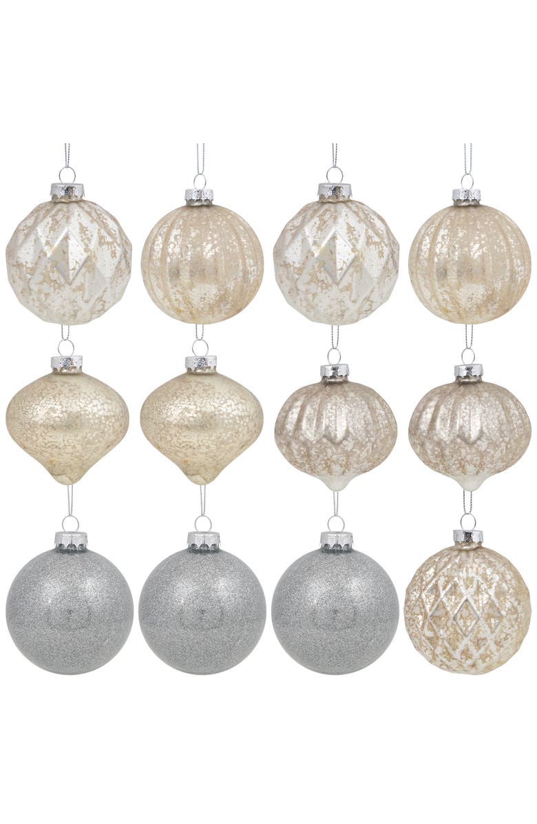 Northlight Mercury Glass Style Glass Christmas Ornament Set - 3" - Silver and Champagne - 12ct, Main, color, 