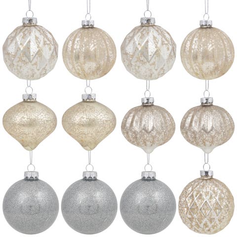 Mercury Glass Style Glass Christmas Ornament Set - 3" - Silver and Champagne - 12ct