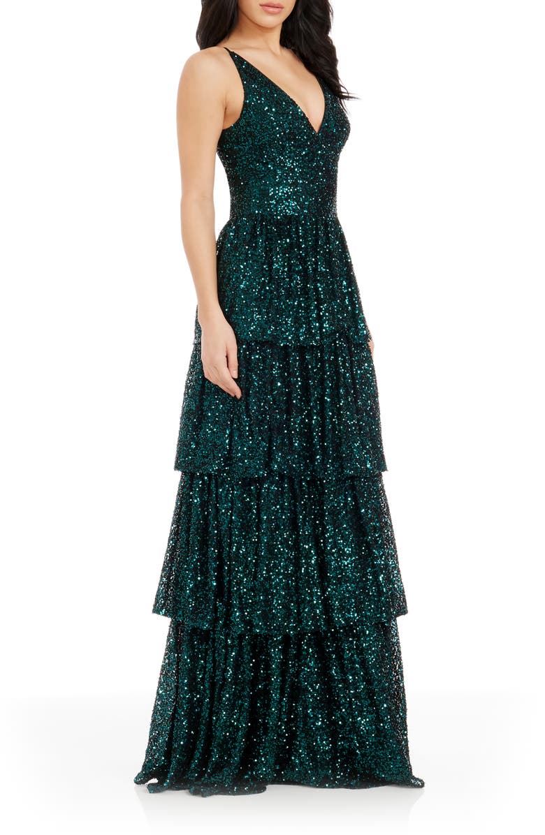 Dress the Population Lorain Sequin Tiered Ruffle Gown, Alternate, color,