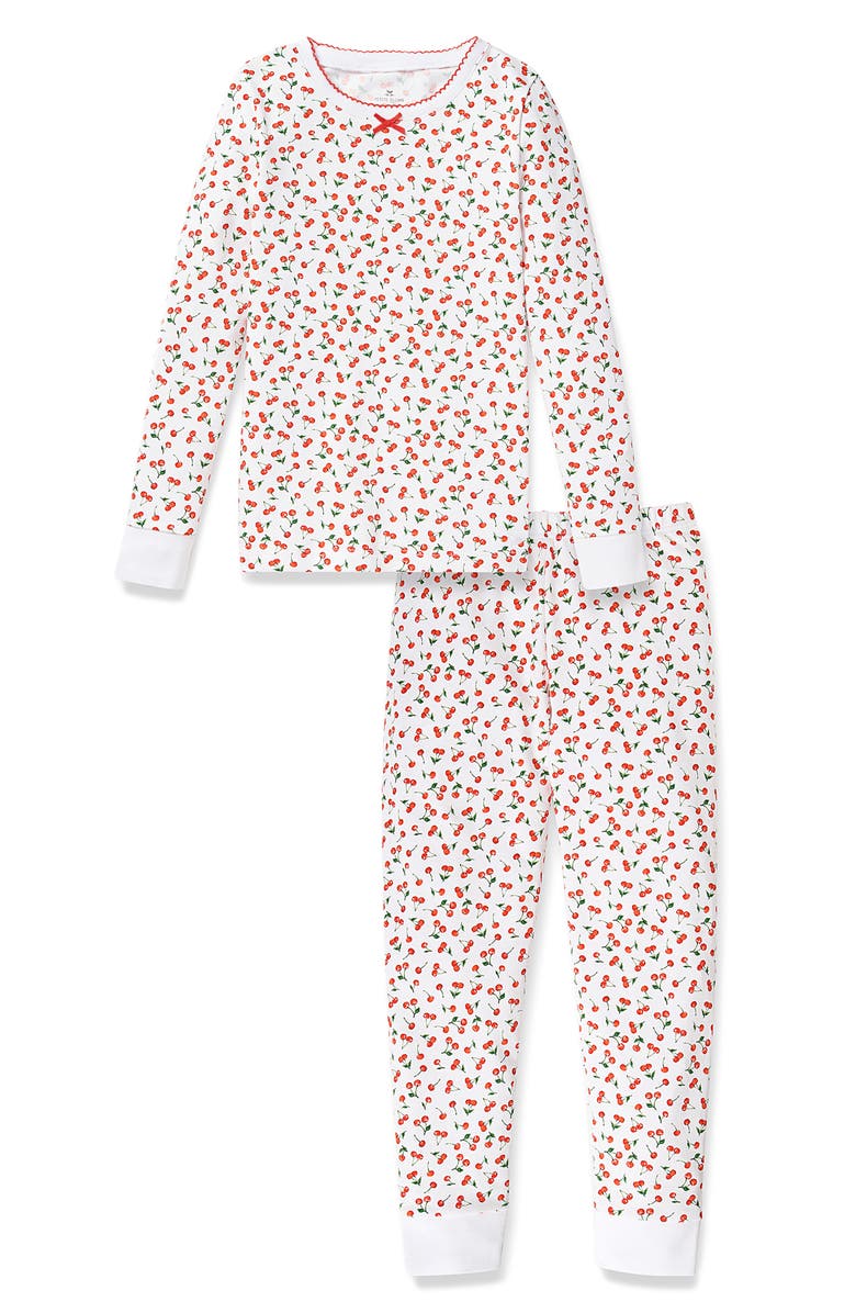 Petite Plume Kids' Cherry Print Floral Fitted Two-Piece Pajamas, Main, color, White